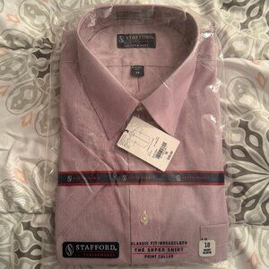 BNWT Stafford Button Down 18 Short Sleeve Shirt Purple Stripe Classic Fit